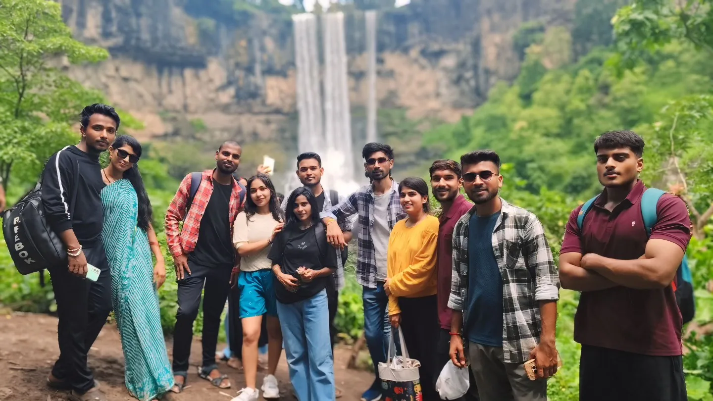 A group of friends on a waterfall day out